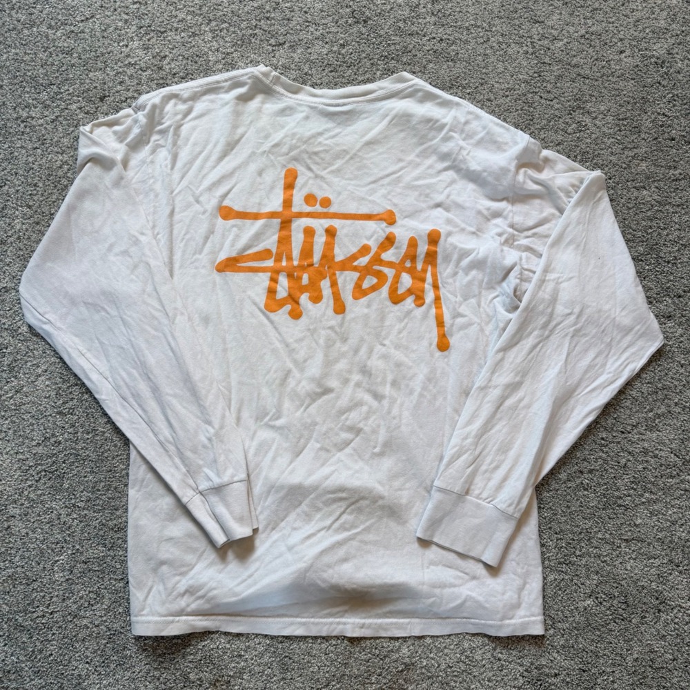 Y2K Stussy Mens Long Sleeve Graphic T-Shirt White Orange Stock Logo Size M